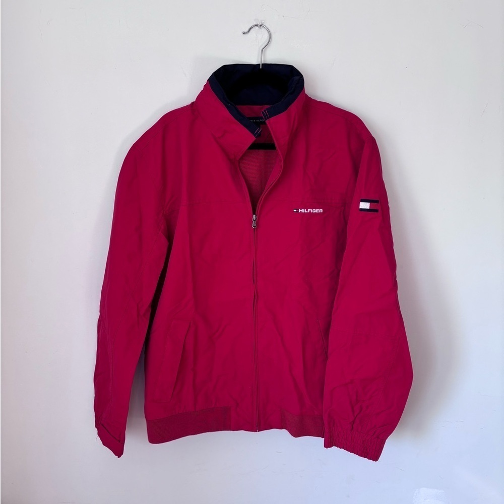 Tommy Hilfiger Men’s Red/Blue Water Resistant Windbreaker,Hidden Hood Size XL
